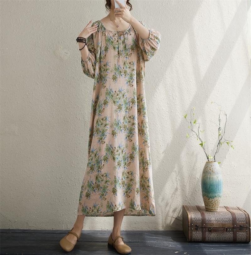 Krátký rukáv Plus size Bavlněné vintage květinové nové šaty pro ženy ležérní volné dlouhé letní šaty