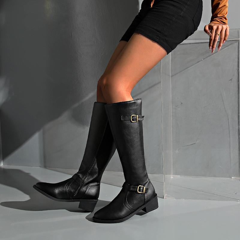 PU Leder Kniehohe Stiefel Damen Herbst Winter Spitzzehe Hohe Absätze Lange Stiefel Frau Mode Schnalle Quadratischer Absatz Botas Mujer