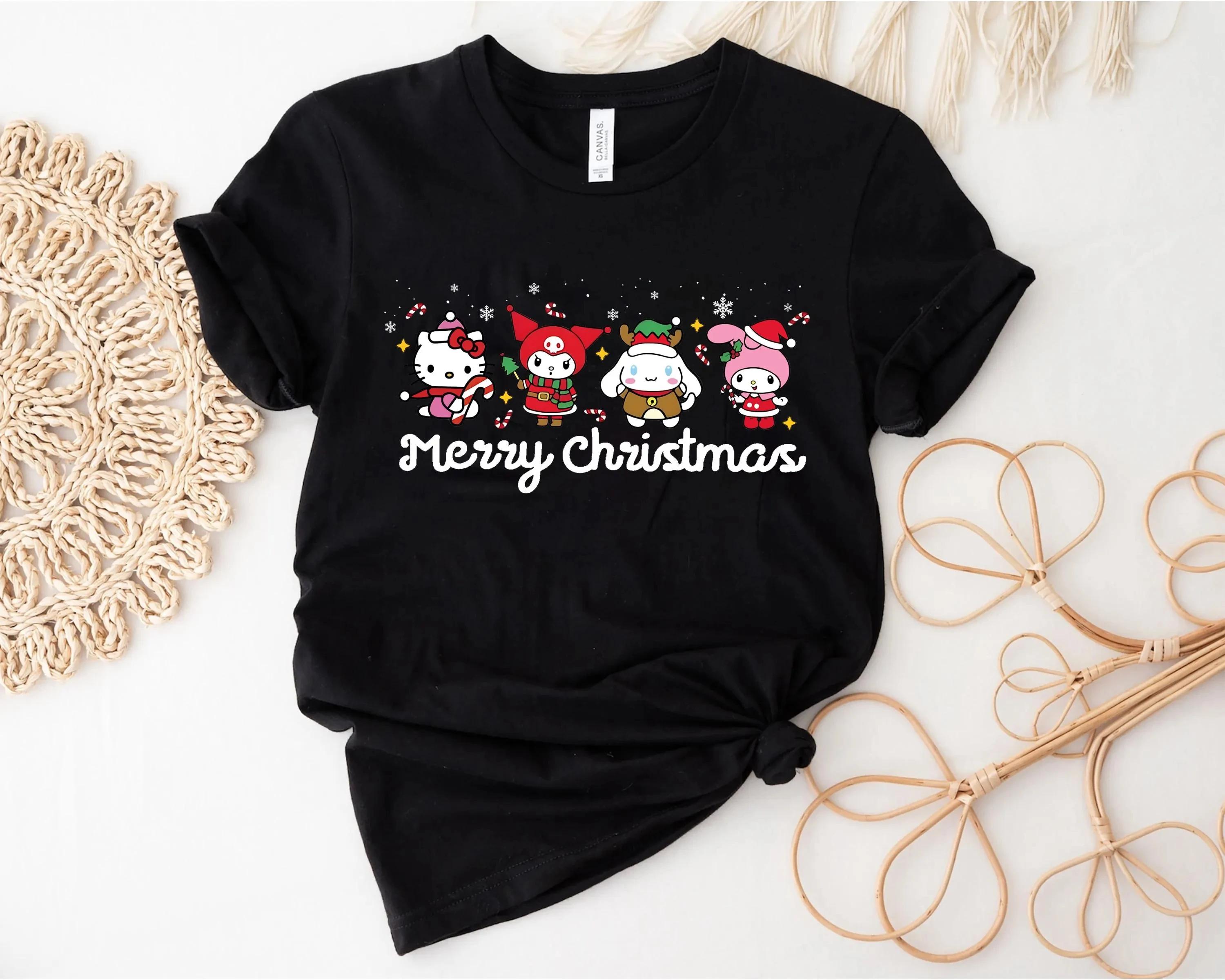 Hello Kitty Womens Cotton Christmas Shirt Cute Kitty Cinnamoroll Kuromi My Melody Pattern Christmas Shirt Comfortable S