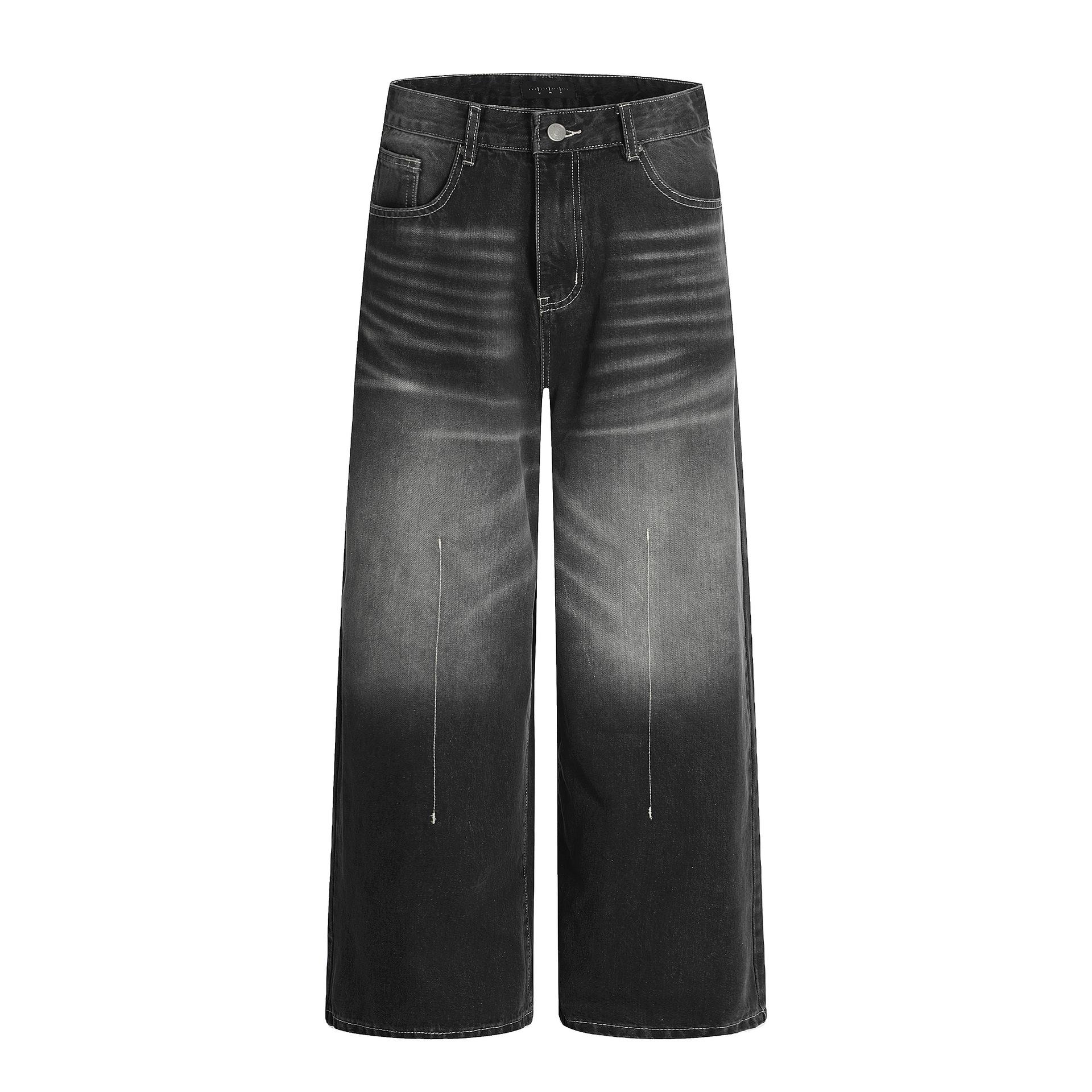 Yongfang Ретро Джинсы Широкие Штанины - Унисекс Черные/Серые Потертые, С Потертостями, Облегающие 3D Прямого Покроя M