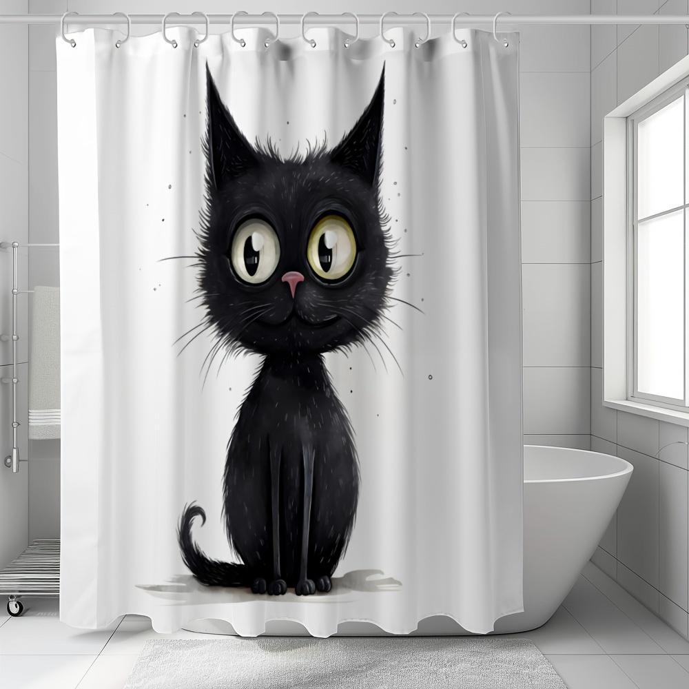 Waterproof Polyester Shower Curtain, Cartoon Black Cat Pattern - Animal Theme Bathroom Decor, With Hooks, Polyester Fabric