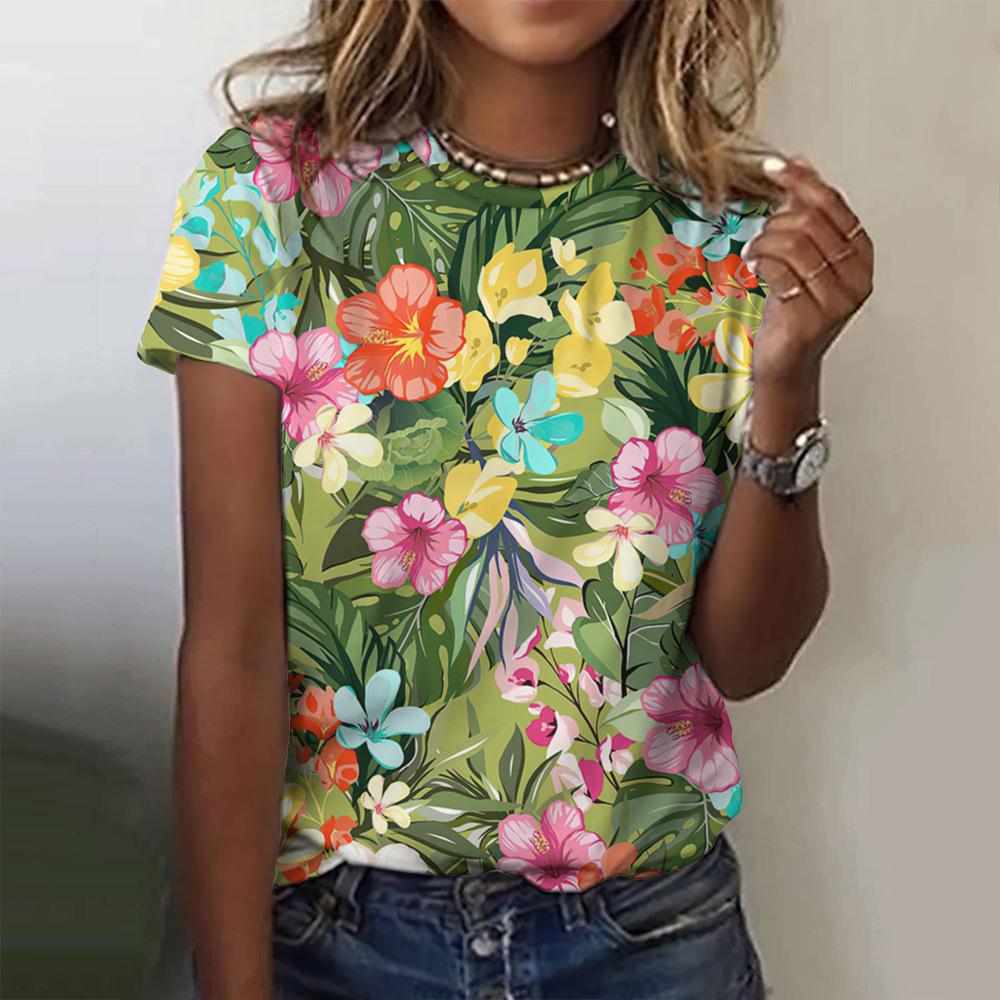 Round Neck 3D Tropical Floral Printed Casual Short Sleeved Women's T-shirts - Soft Medium Stretch Polyester Fabric Summer Relaxed Fit Clothing
