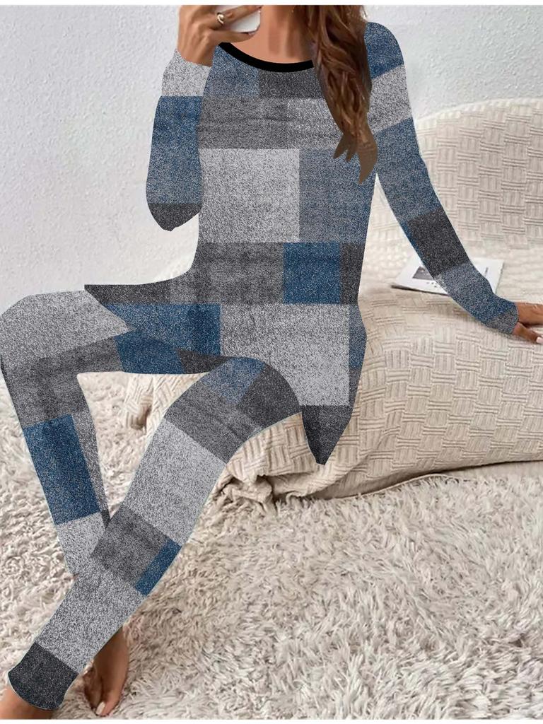 Euroamerikanische Mode 3D Retro bedrucktes Damen Vier-Jahreszeiten Langarm-T-Shirt + Lange Hose Zweiteiler. Perfektes Geschenk für Neujahr & Weihnachten