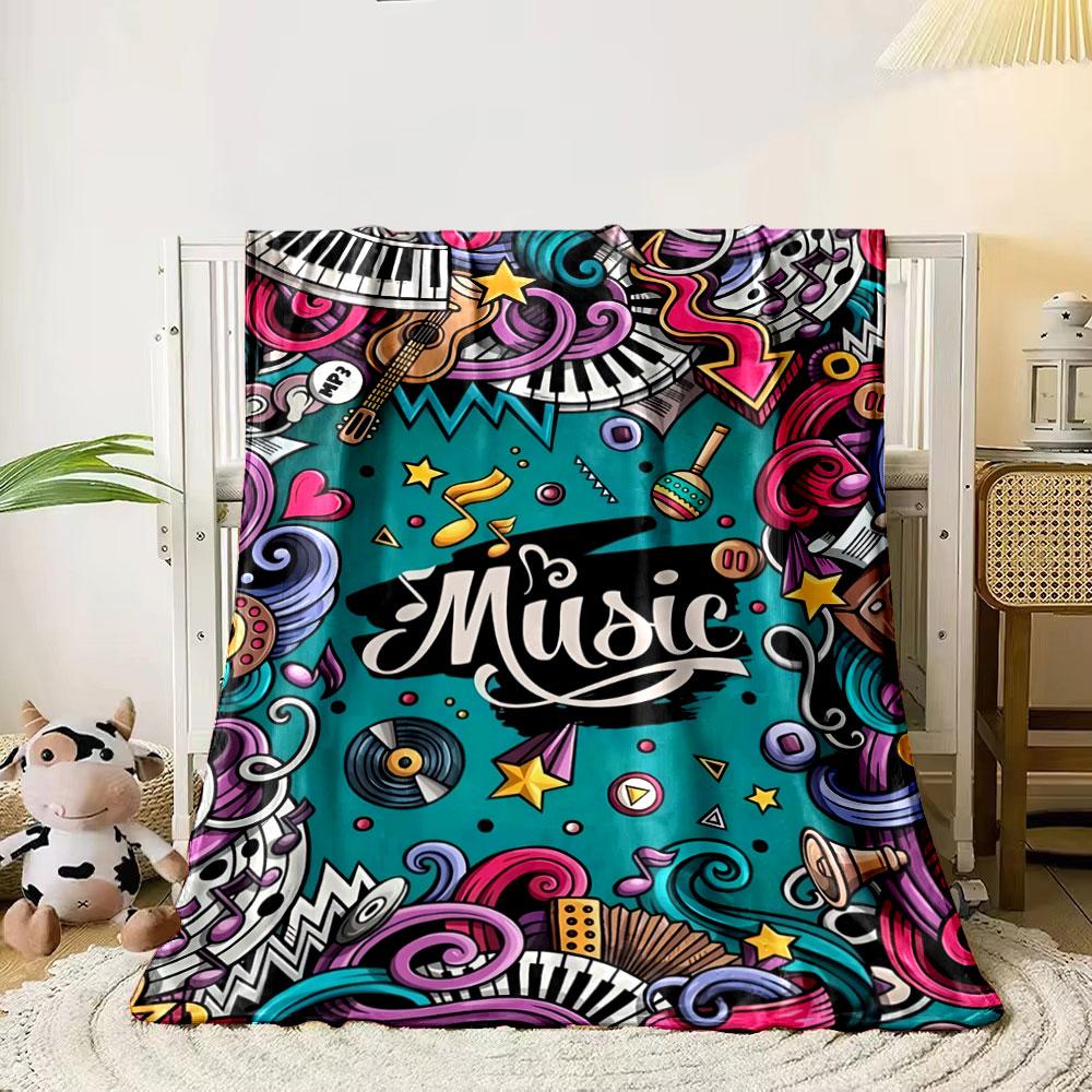 Colorful music-themed doodles with instruments, notes, and  Music  text. for all seasons blanket lunch break throw gift 80cm x 120cm