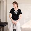 Women's Beaded Bowknot V-Neck Short Sleeve Slim Fit T-Shirt