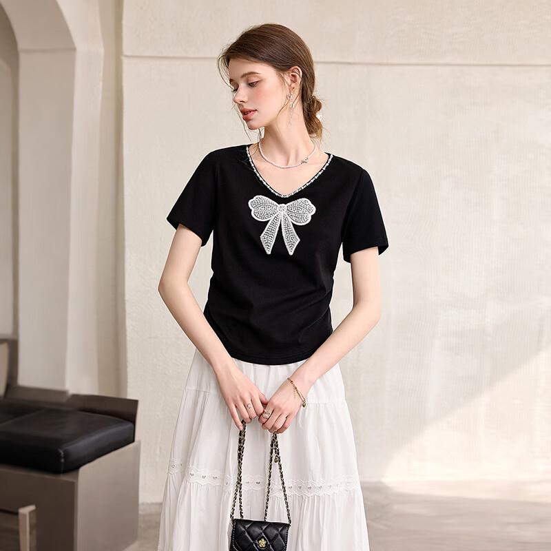Women's Beaded Bowknot V-Neck Short Sleeve Slim Fit T-Shirt