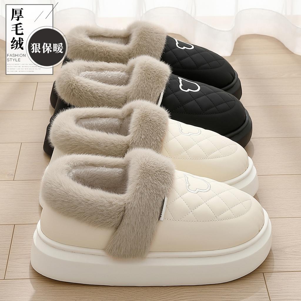 PU Waterproof Cotton Slippers Winter Bag Heel 2025 New Home Indoor Thick-soled Velvet Thermal Cotton Shoes
