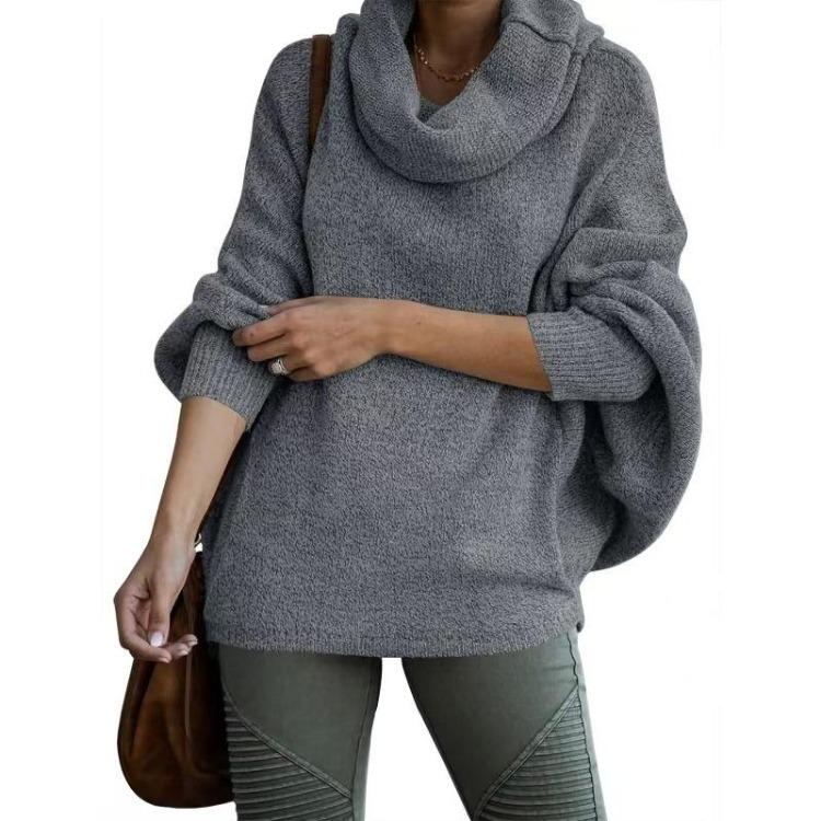 

Women s Fashionable High Neck Knitted Sweater Solid Color Pullover Lantern Loose Long Sleeved Casual Top S сірий