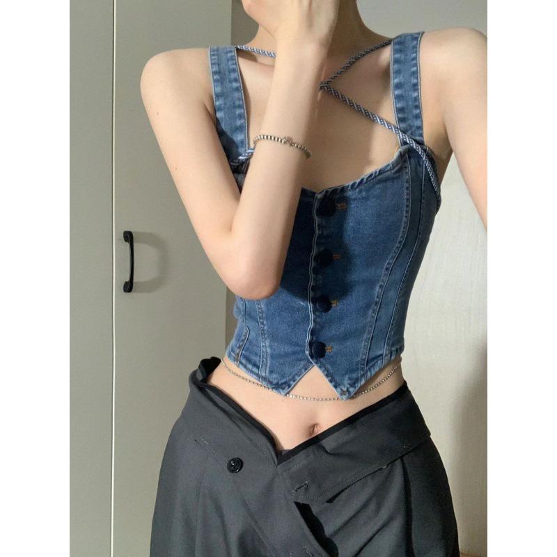Women's Spicy Girl Denim Crop Top & Slim Fit Straight Leg Jeans – Chic Summer Design