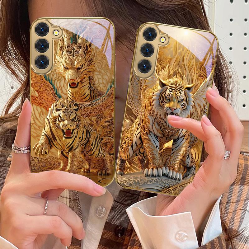 Fantasy Golden Beast For Samsung Galaxy S20 FE S21 S22 S23 Plus S24 Ultra 25Ultra S21+ S9+ S22Plus Golden Glass Phone Case