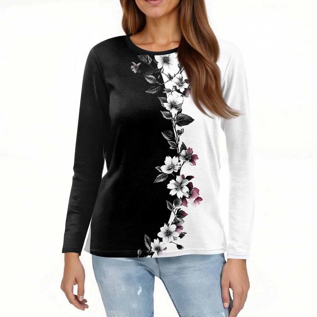 Women's Fashion Casual Slit Hem Round Neck Long Sleeve Loose Printed T-Shirt Ladies Top