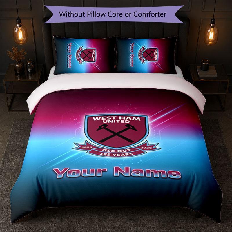 Set Biancheria da Letto Personalizzato West Ham United FC Testo Nome 1 Copripiumino+2 Federe Logo Calcio Regalo Personalizzato per Occasione Speciale Decorazione Camera da Letto
