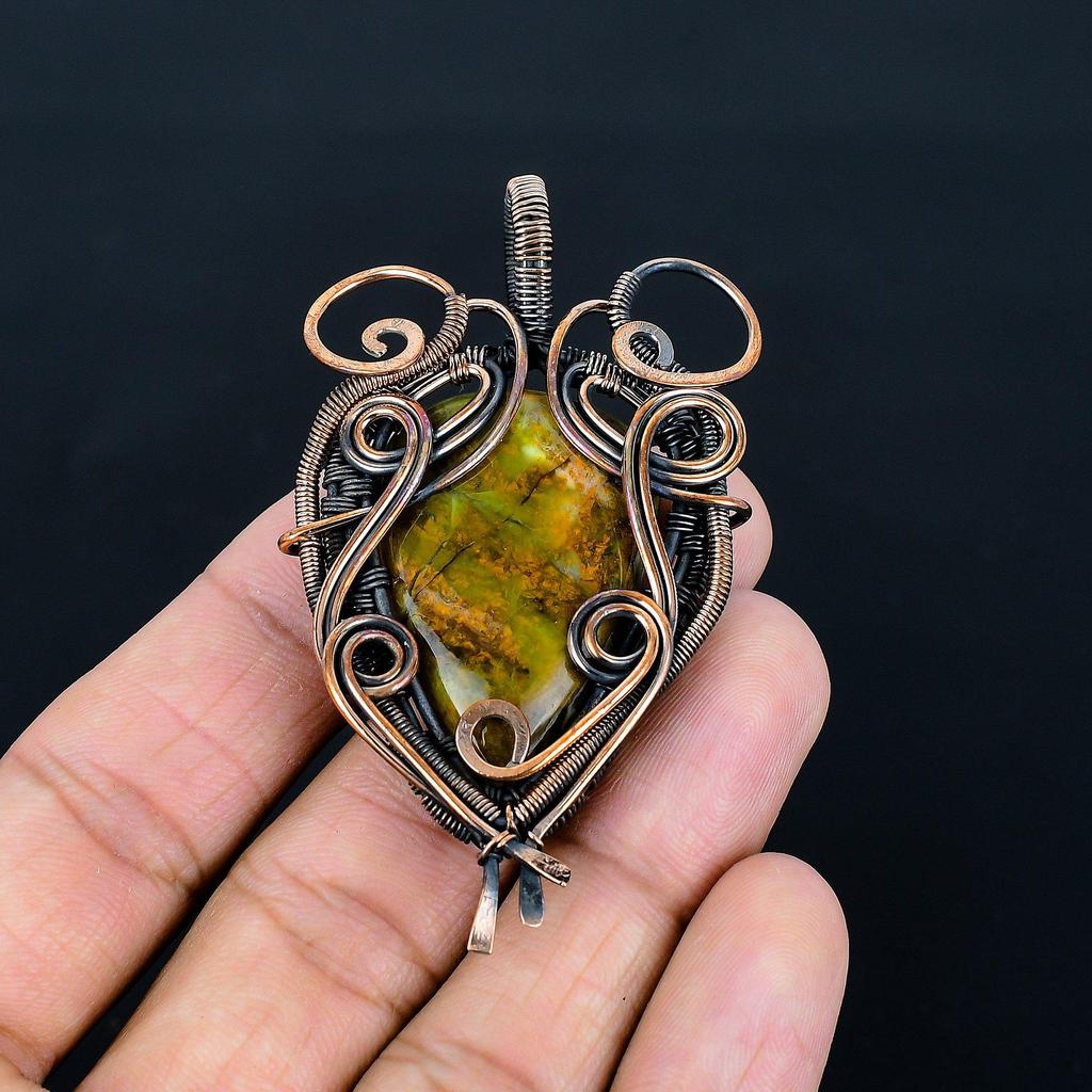 Green Opal 999 Copper Wire Wrapped Pendant, Handmade Gemstone Jewelry Pendant Gift For Birthday