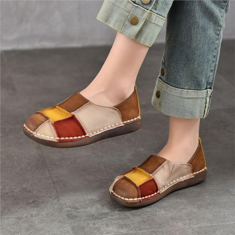 Johnature Retro Genuine Leather Mixed Colors Soft Soled Slip-on Shoes Versatile Round Toe Flat Shoes