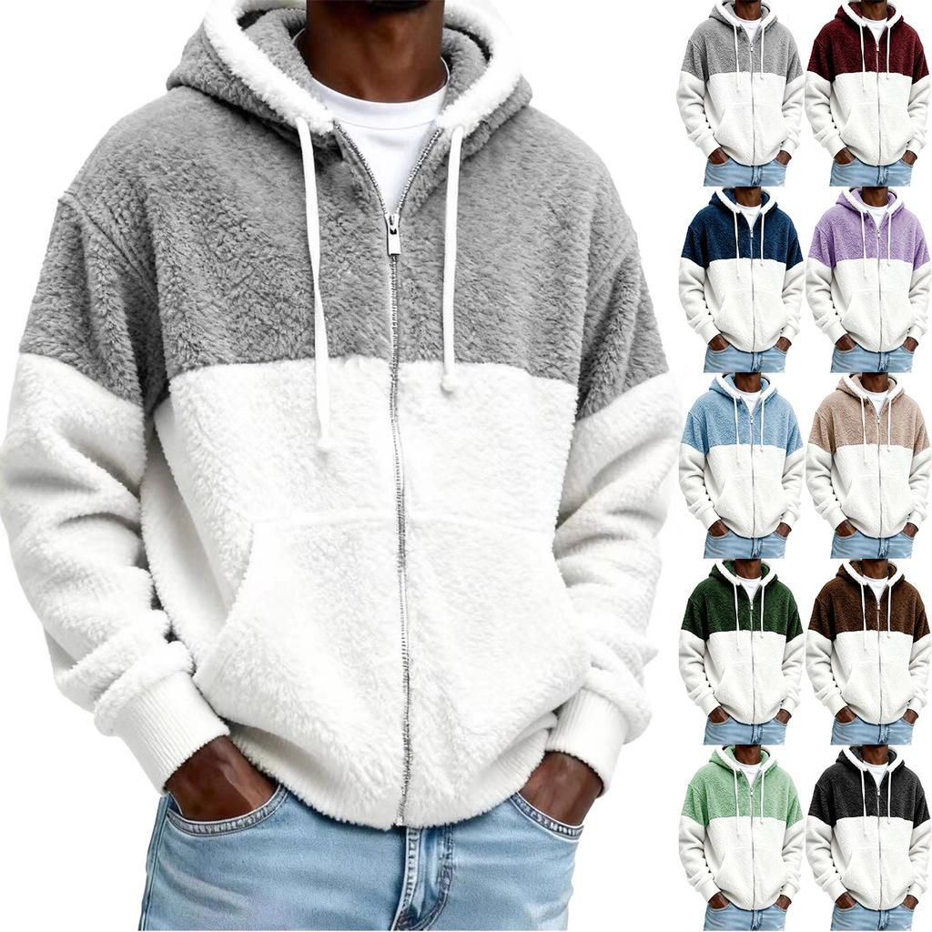 Hanorac cu fermoar pufos pentru bărbați Jachetă de pluș cu fermoar cu glugă pentru
