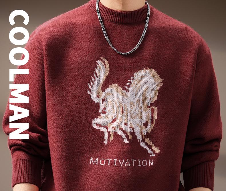 Men's Zodiac Year Horse Print Retro Knit Sweater