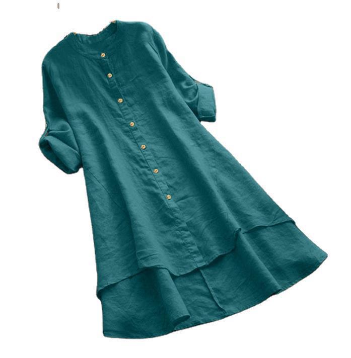 2021 Fall Cotton Linen Women's Long-Sleeve Solid Color Button-Down Shirt