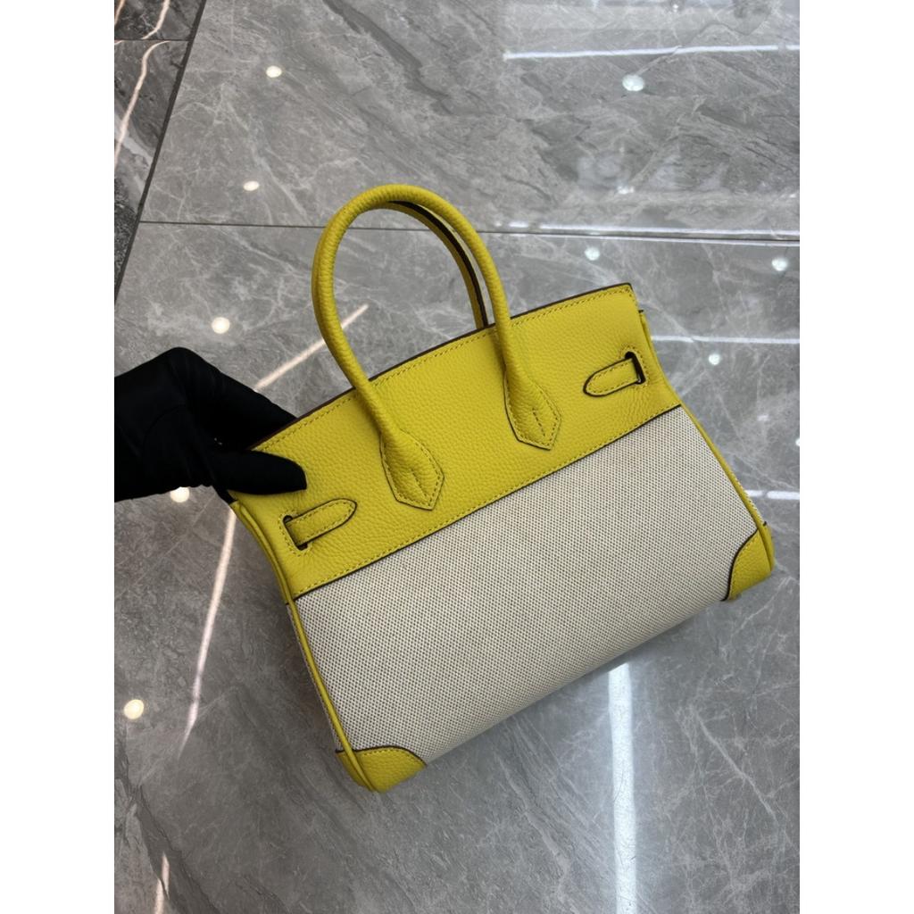 2026 new first-layer lychee pattern cowhide with linen canvas platinum bag genuine leather handbag European and American messenger bag bag