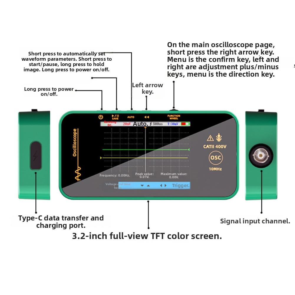 10MHz Bandwidth Handheld Oscilloscope For On-site Testing Waveform Save To PC ABS Housing 1200 MAh Rechargeable Battery