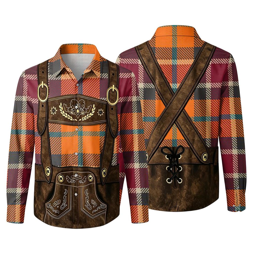 Herren Oktoberfest 3D-Druck Locker geschnitten Langarmhemd Mit Kragen Durchgeknöpftes Hemd Vintage Lässig Atmungsaktives Hemd für die Arbeit im Freien und Party
