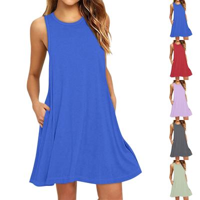 Vestido de Praia Feminino Moda Sem Mangas Gola Redonda Vestido Colorido