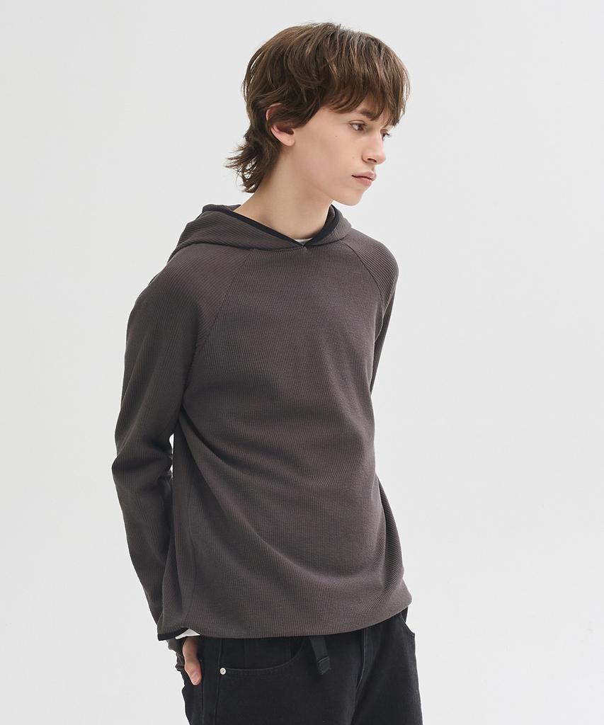 Ribbed Hooded Long Sleeve T-Shirt [Charcoal]