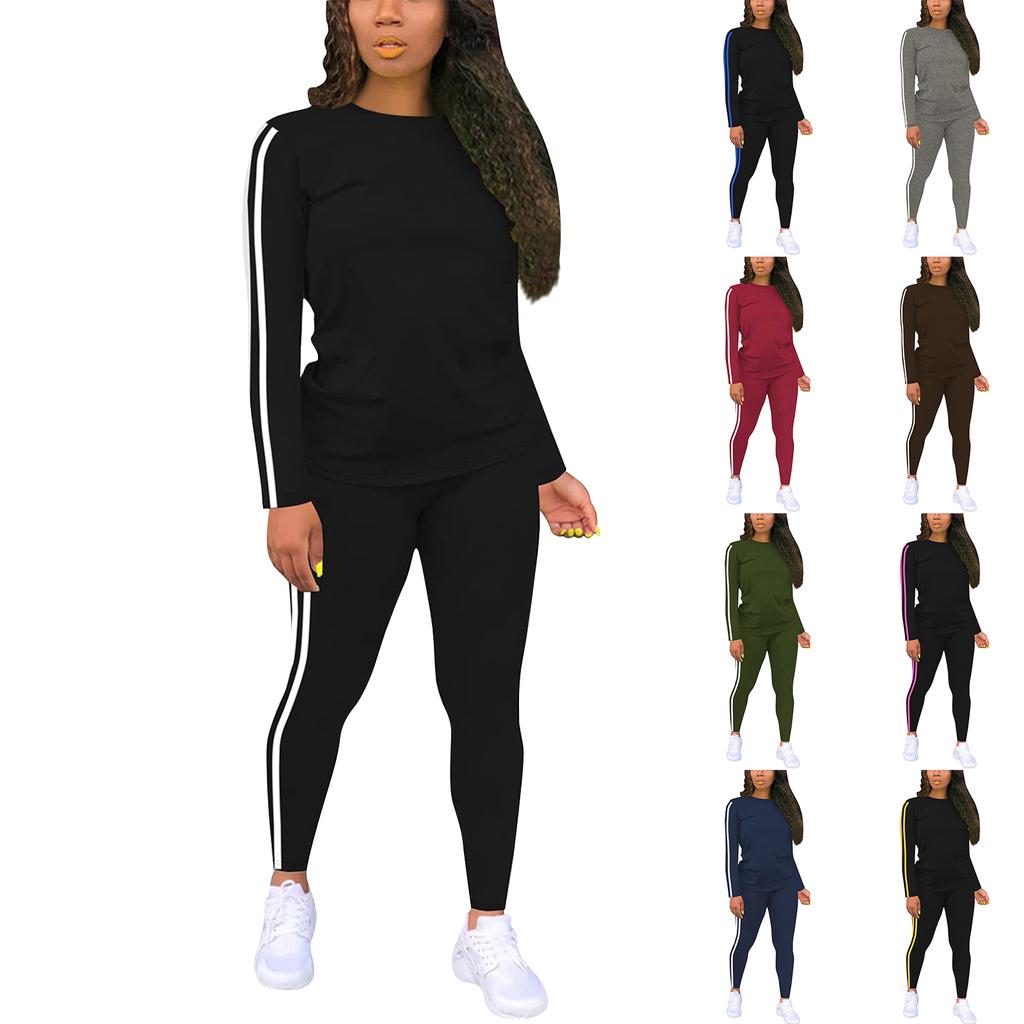 Women's Round Neck Long Sleeve Patchwork Top And Trousers Set With Side Patches Two-Piece Suit