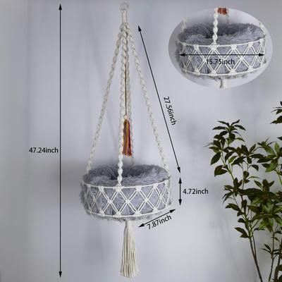 Macramé houpací síť pro kočky, 47,24 * 15,74 PALCE, Houpací síť pro kočky s plyšovým lůžkem pro spaní, hraní, šplhání a odpočinek