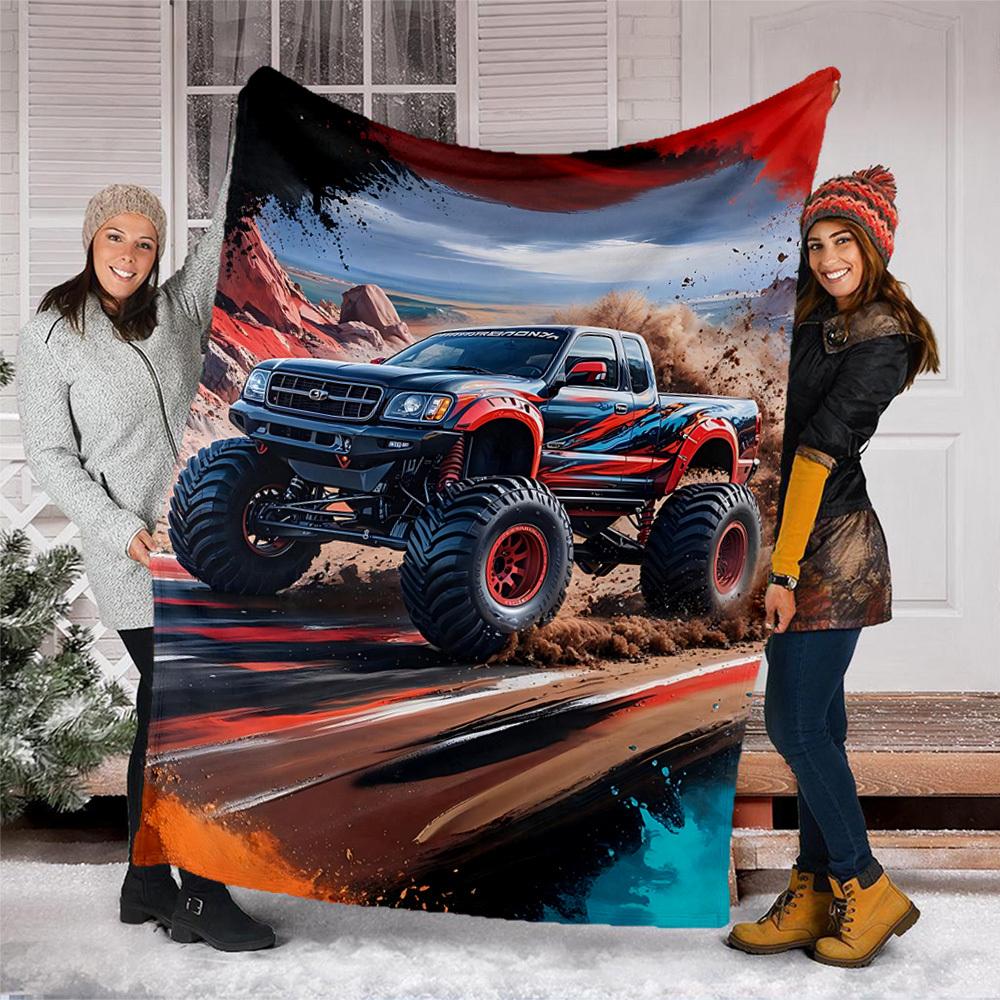 1pc Monster Truck Adventure Outdoor Flannel Blanket Soft All Season Polyester Throw , Perfect for Picnics & Travel , Picnic Accessory