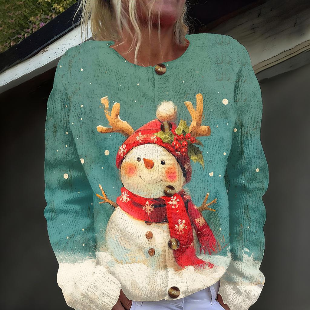 Damenmode, weihnachtlich bedruckt, langärmelig, Strickjacke, Button-Down-Jacke