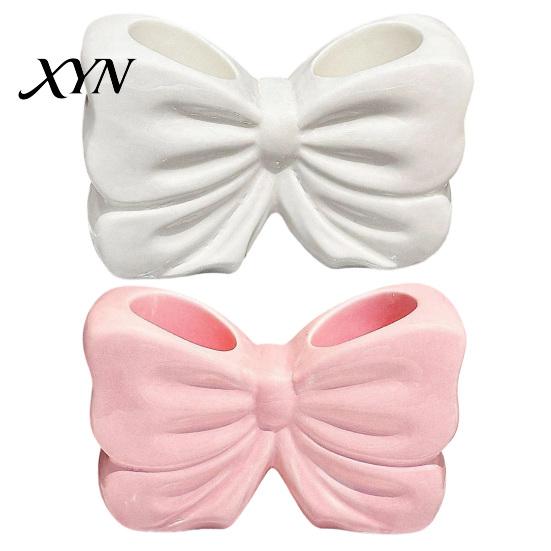 Bathroom Storage Cup 3D Printed Bow Toothbrush Holder, Adhesive with Dual Holes for Pink White Organizer & Toothpaste, Cute Decor, Minimalist