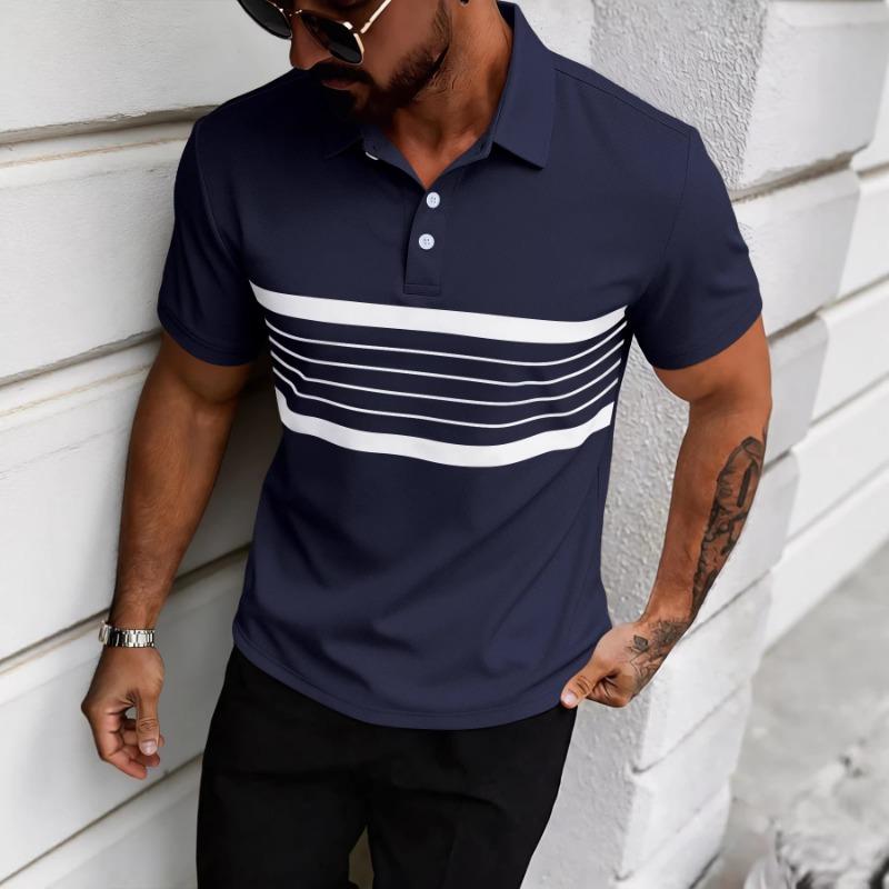 Mens Casual Short Sleeve Striped Polo Shirt Summer Style