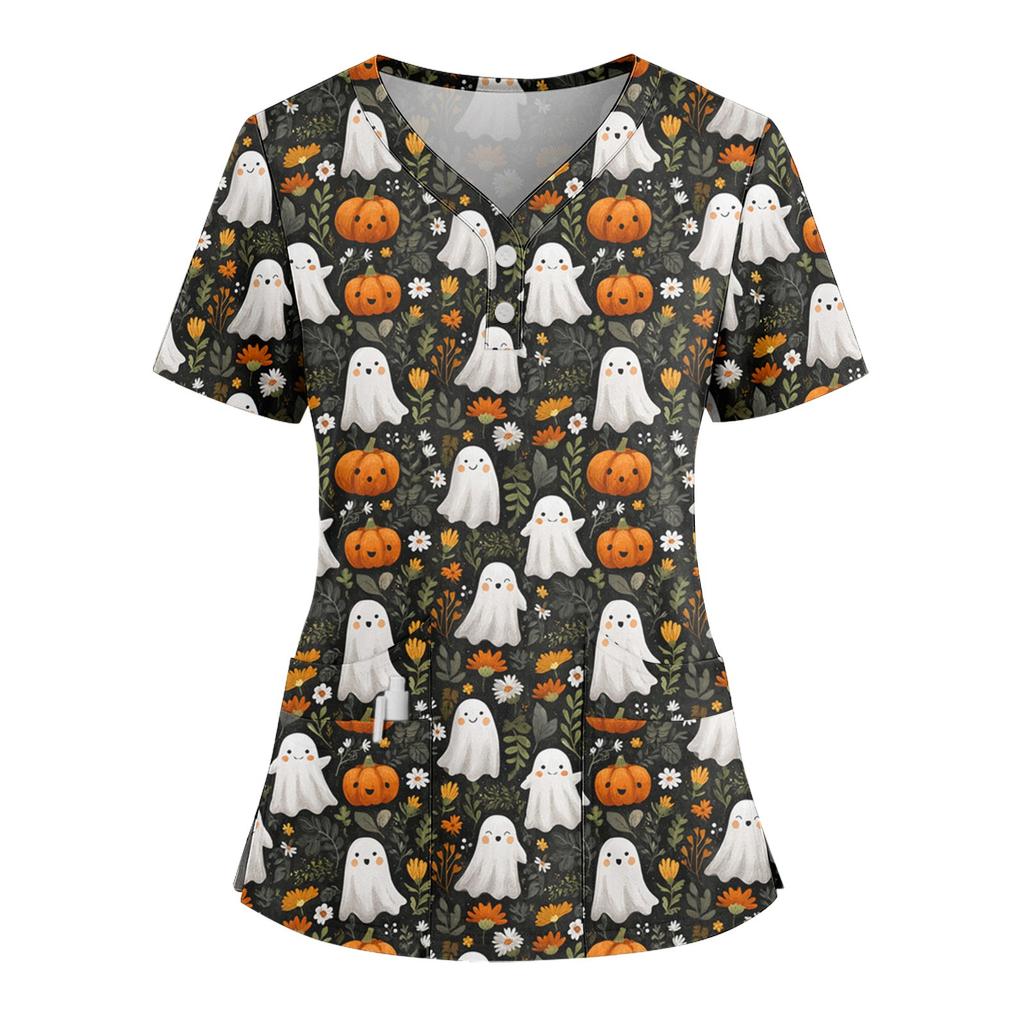 Women's Loose Short Sleeved Fashionable Halloween Print V-neck Buttonable Side Slit Top T-shirt