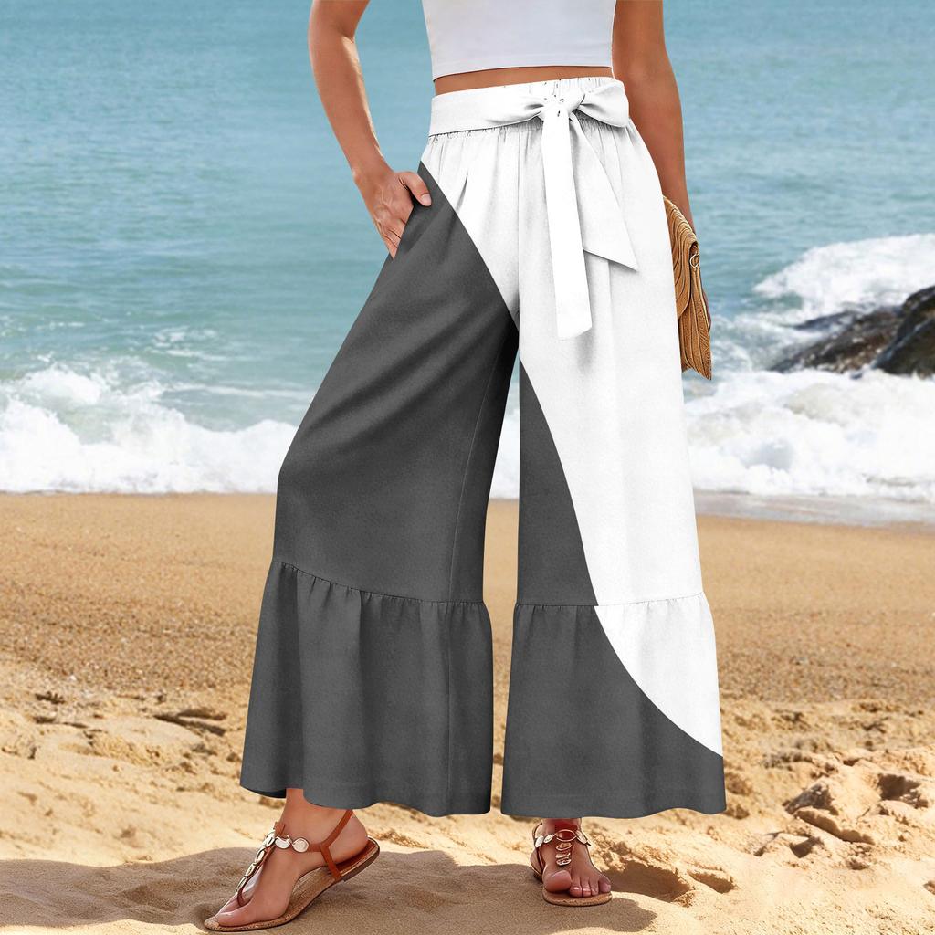 Women's Wide-Leg Casual Pants, Stretch, High Waist, Ruffled Hem, Wide Legs, Belted, And Pockets