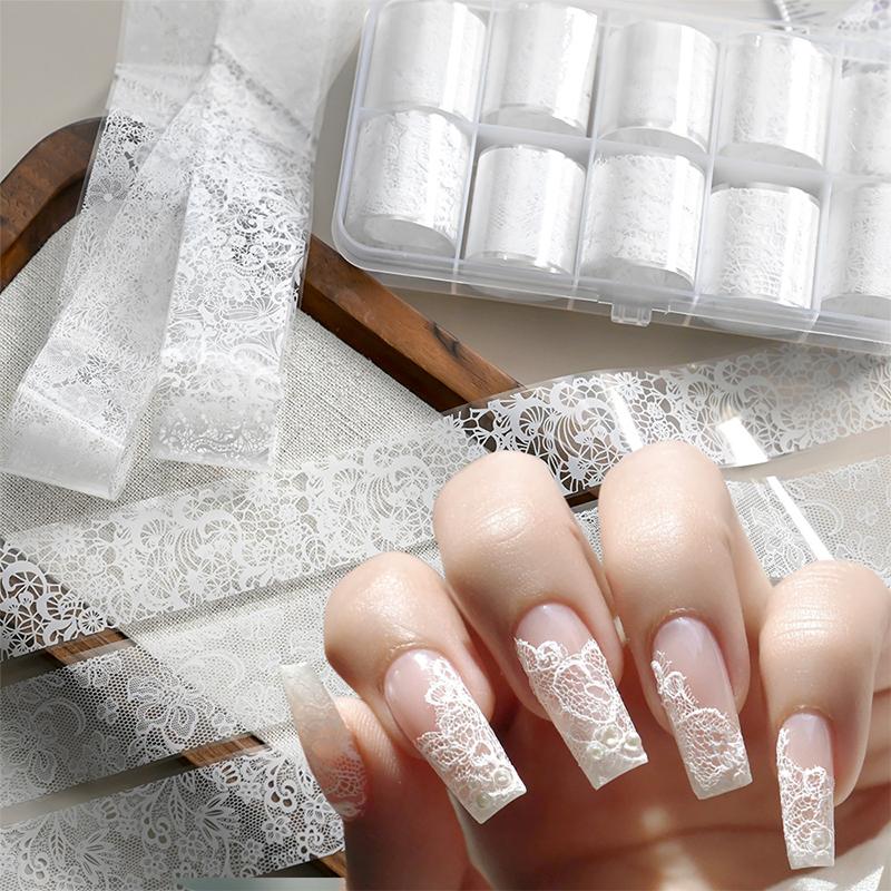 10 Rolls Nail Transfer Foils Sticker Black White Red Lace Flowers Nail Art Nail Charms Diy Nail Decoration Manicure Accessories