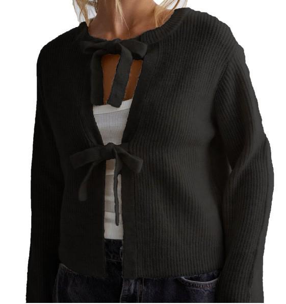 2026 Autumn/Winter Women's Solid Color Loose Knit Cardigan with Tie-up - European and American Style