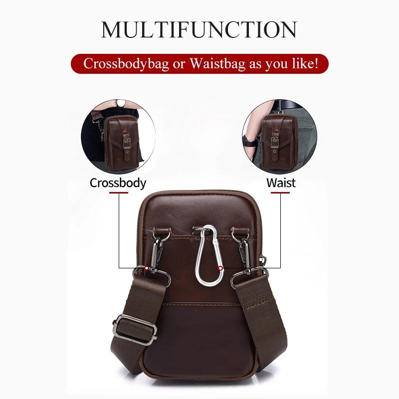 Men's genuine leather small shoulder crossbody phone bag with anti-theft multifunctional buckle