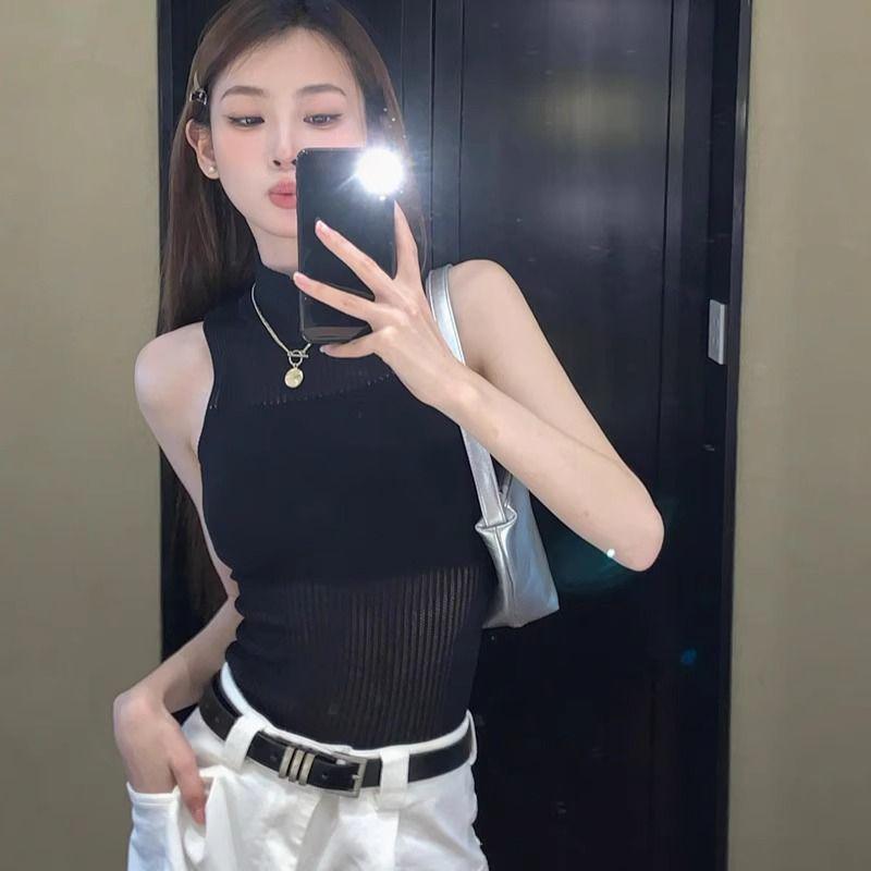 

Spicy Girl Retro High Neck Knitted Sleeveless Summer Tank Top Large