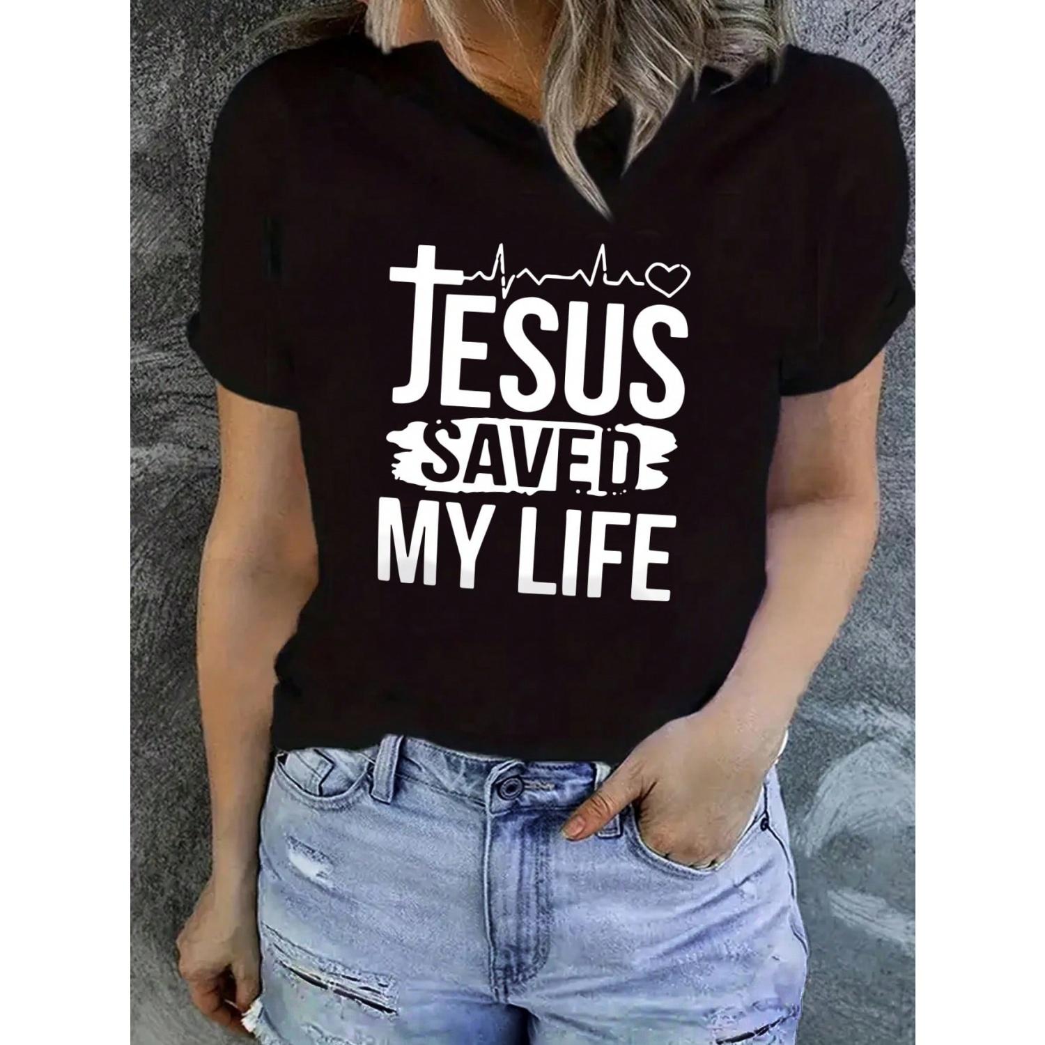 INAWLY Slogan Graphic Tee JESUS SAVED MY LIFE Graphic Tees Women Tops S чёрный
