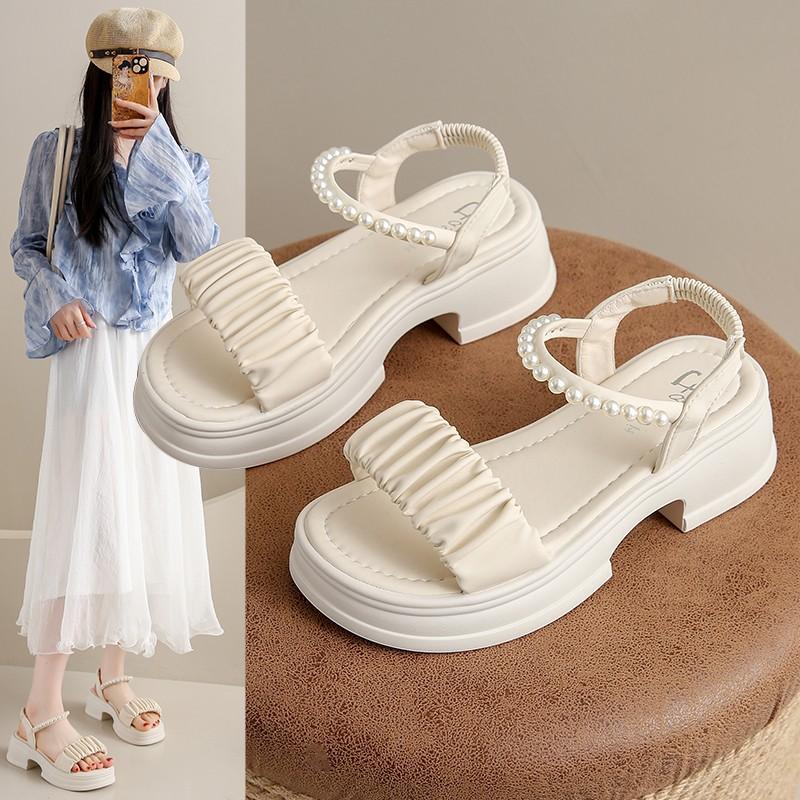 Fashion Summer New Women's Sandals: Open Toe with Pearl Button Strap, Thick Sole Waterproof Platform Shoes2025