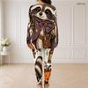 Women Plus Size Front Zip Long Sleeve Cartoon Raccoon Print Two Piece Pants Set