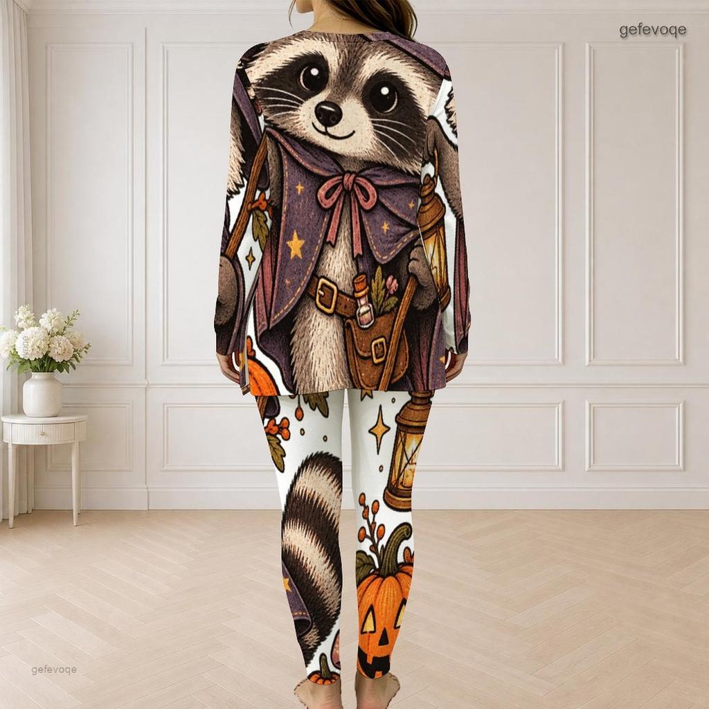 Women Plus Size Front Zip Long Sleeve Cartoon Raccoon Print Two Piece Pants Set