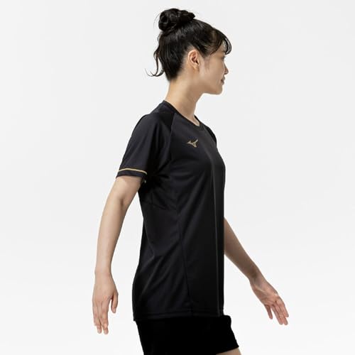 N-XT Volleyball Practice Shirt, Short Sleeve, Club Activities, Moisture-Wicking, Quick-Drying, Easy to Move in, V2MAC001, Unisex, Black/Gold, Size S