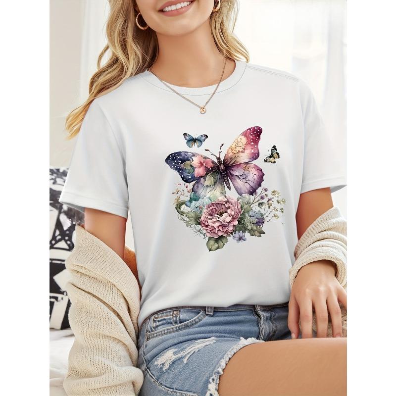 

European Size Butterfly Series Printed Round-Neck Short-Sleeve T-Shirt S белый