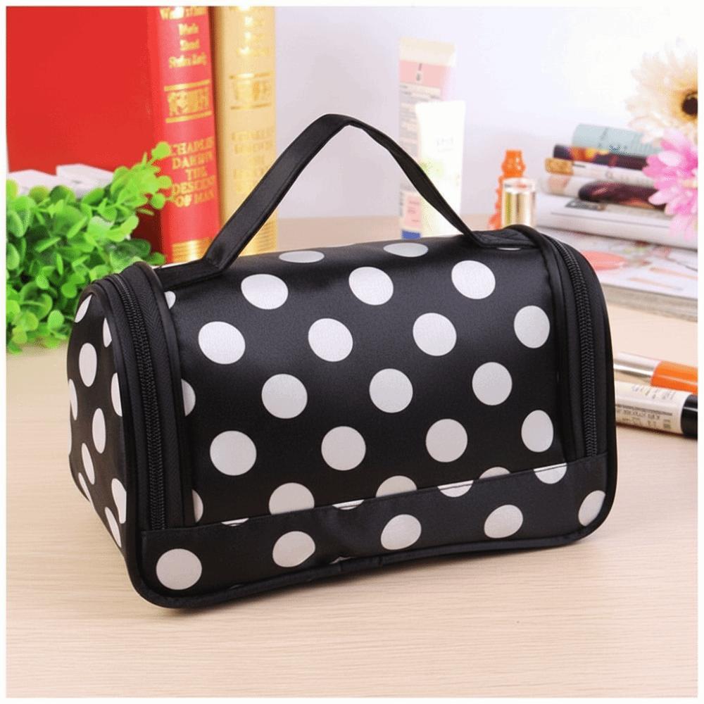 Portable Makeup Bag Polka Dot Pattern Korean Style Cosmetic Storage Bag Flip Design Large Capacity Travel Toiletry Bag