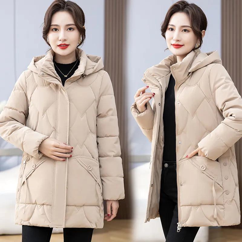Women's Winter Plus Size Padded Thickened Jacket Warm Comfortable Outerwear Mid-length Hooded Zip Outerwear