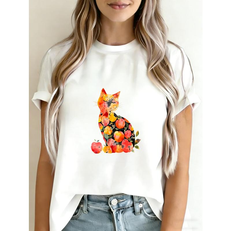 Cute Cat Fruit Print T Shirt White Animal And Fruits Design For Casual Wear Summer Outfits Women Fashion Top