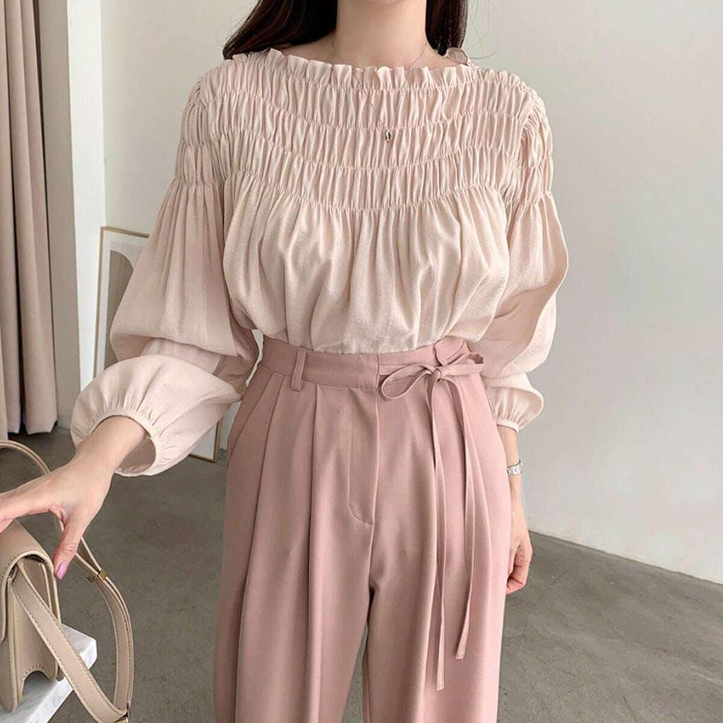 Camicetta da Donna in Chiffon con Pieghe, Maniche a Sbuffo e Scollo Tondo - Stile Giapponese & Coreano, Primavera/Autunno, Design Off-the-Shoulder