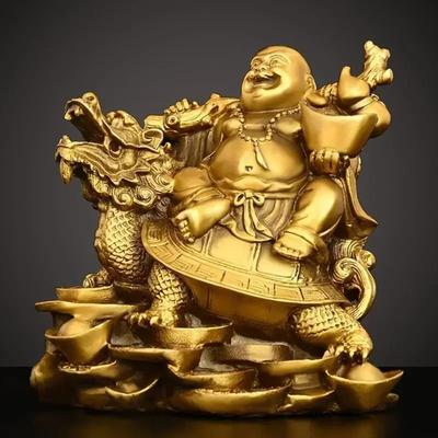 Feng Shui Copper Maitreya Buddha Ornament Sitting Dragon Turtle Laughing Home Store Car Desktop Decor