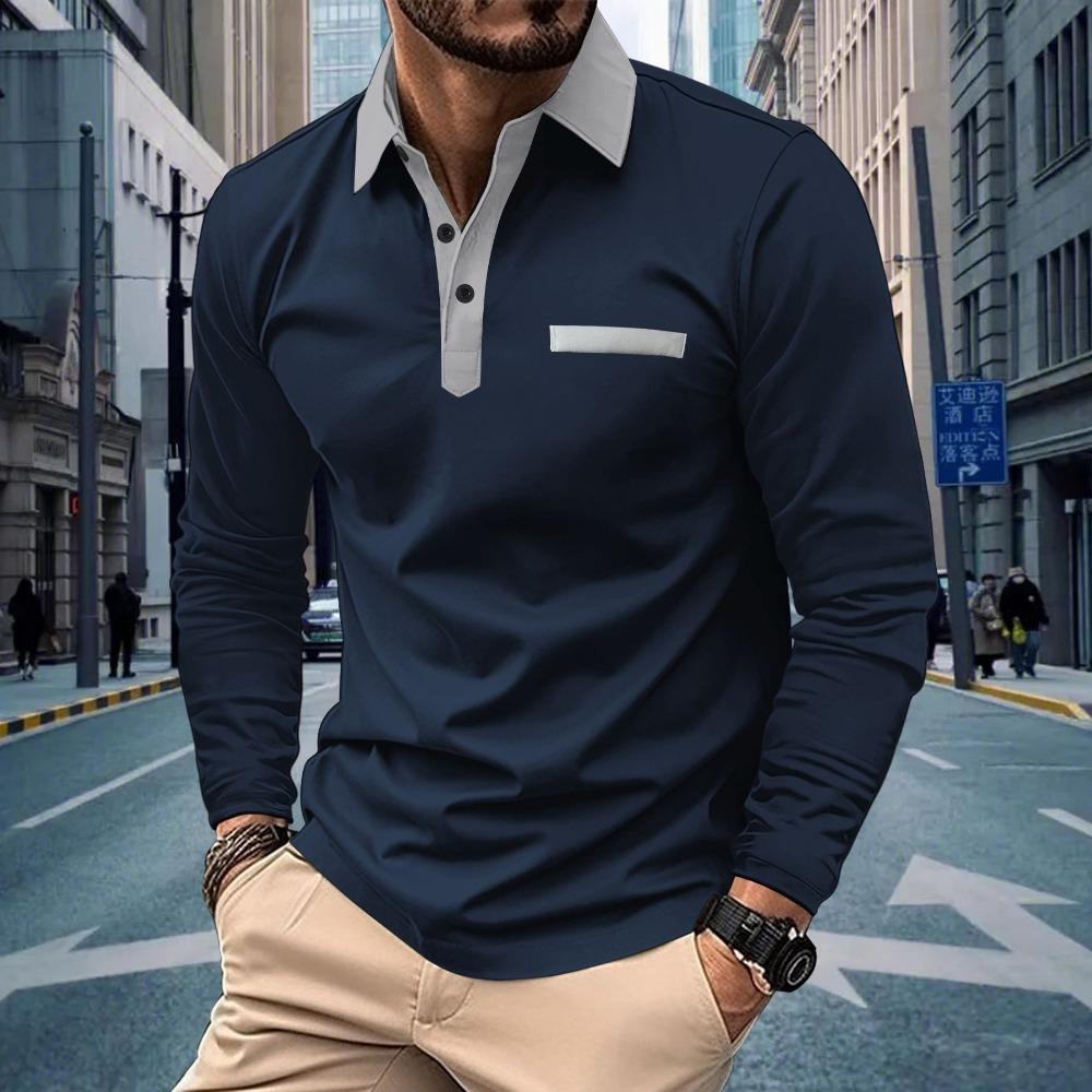 Autumn Men's Casual Button Lapel Solid Color Long Sleeved Polo Shirt